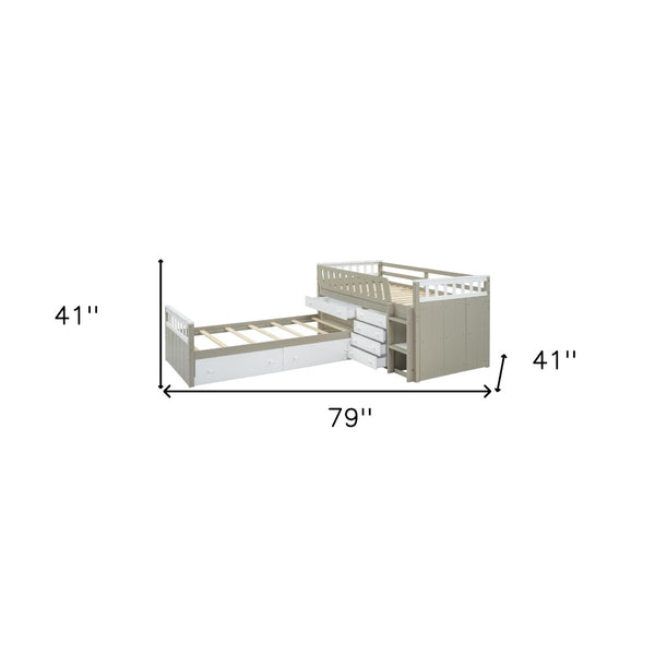 HomeRoots Taupe Four Poster Twin Loft Bed with Trundle, Drawers & Shelves - Stylish Space Saver for Kids! 592893