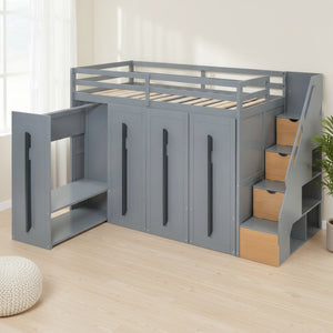 HomeRoots Gray Twin Loft Bed with Four-Poster Design, Sturdy Wood, Shelves, and Space-Saving Under-Bed Area 592894