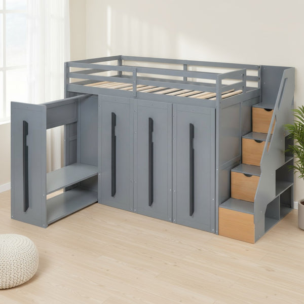 HomeRoots Gray Twin Loft Bed with Four-Poster Design, Sturdy Wood, Shelves, and Space-Saving Under-Bed Area 592894