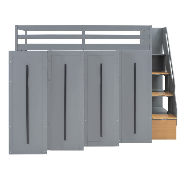 HomeRoots Gray Twin Loft Bed with Four-Poster Design, Sturdy Wood, Shelves, and Space-Saving Under-Bed Area 592894