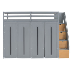 HomeRoots Gray Twin Loft Bed with Four-Poster Design, Sturdy Wood, Shelves, and Space-Saving Under-Bed Area 592894