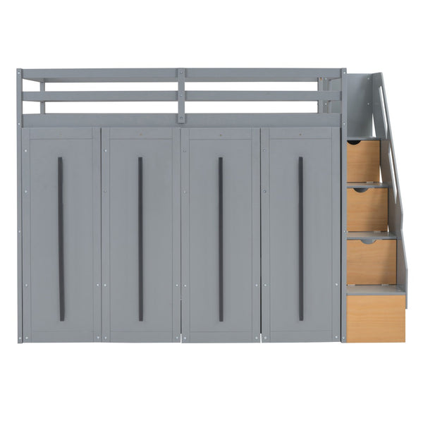 HomeRoots Gray Twin Loft Bed with Four-Poster Design, Sturdy Wood, Shelves, and Space-Saving Under-Bed Area 592894