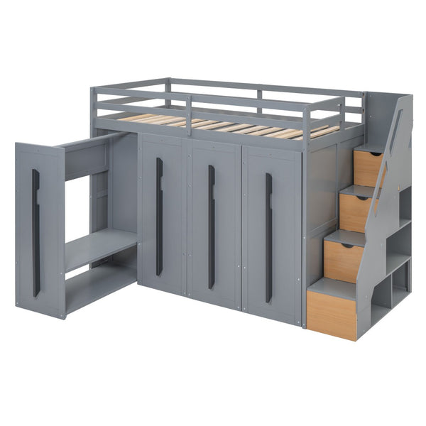 HomeRoots Gray Twin Loft Bed with Four-Poster Design, Sturdy Wood, Shelves, and Space-Saving Under-Bed Area 592894