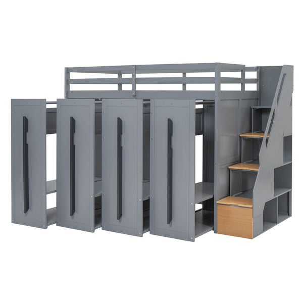 HomeRoots Gray Twin Loft Bed with Four-Poster Design, Sturdy Wood, Shelves, and Space-Saving Under-Bed Area 592894