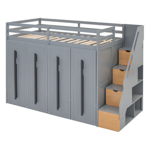 HomeRoots Gray Twin Loft Bed with Four-Poster Design, Sturdy Wood, Shelves, and Space-Saving Under-Bed Area 592894