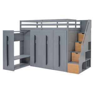 HomeRoots Gray Twin Loft Bed with Four-Poster Design, Sturdy Wood, Shelves, and Space-Saving Under-Bed Area 592894