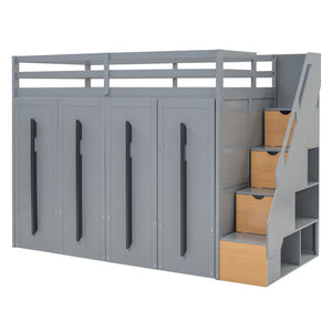 HomeRoots Gray Twin Loft Bed with Four-Poster Design, Sturdy Wood, Shelves, and Space-Saving Under-Bed Area 592894