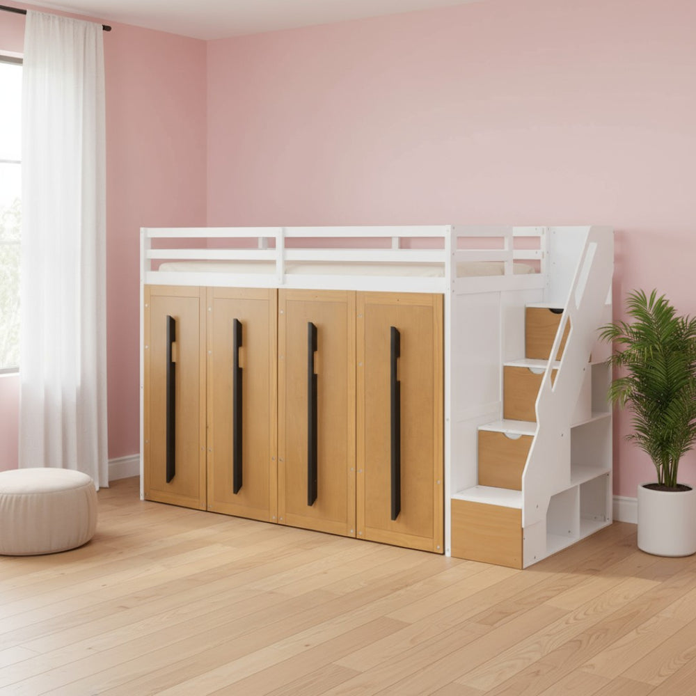 HomeRoots White Four Poster Twin Loft Bed - Space-Saving Design with Shelves for Stylish Bedroom Solutions! 592895