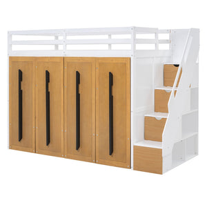HomeRoots White Four Poster Twin Loft Bed - Space-Saving Design with Shelves for Stylish Bedroom Solutions! 592895