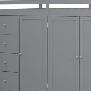 HomeRoots Gray Four-Poster Loft Bed with Built-In Storage - Stylish Space-Saving Design for Full Mattresses 592896
