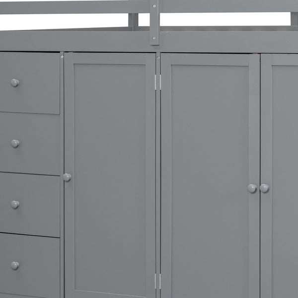 HomeRoots Gray Four-Poster Loft Bed with Built-In Storage - Stylish Space-Saving Design for Full Mattresses 592896