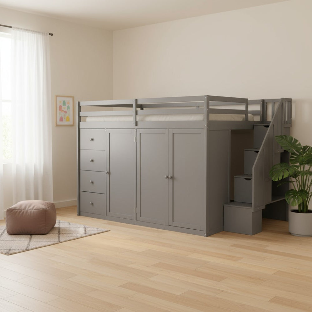 HomeRoots Gray Four-Poster Loft Bed with Built-In Storage - Stylish Space-Saving Design for Full Mattresses 592896