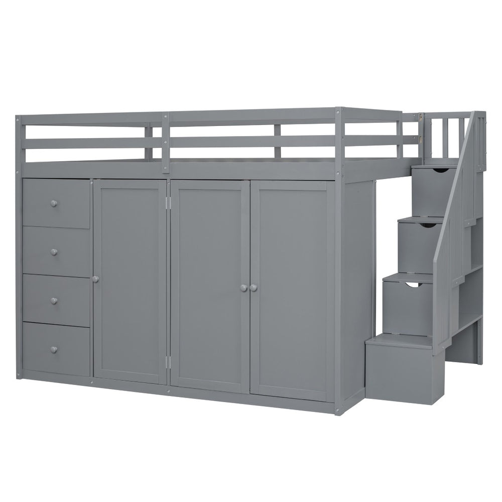 HomeRoots Gray Four-Poster Loft Bed with Built-In Storage - Stylish Space-Saving Design for Full Mattresses 592896
