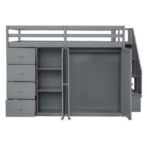HomeRoots Gray Four-Poster Loft Bed with Built-In Storage - Stylish Space-Saving Design for Full Mattresses 592896