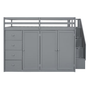 HomeRoots Gray Four-Poster Loft Bed with Built-In Storage - Stylish Space-Saving Design for Full Mattresses 592896