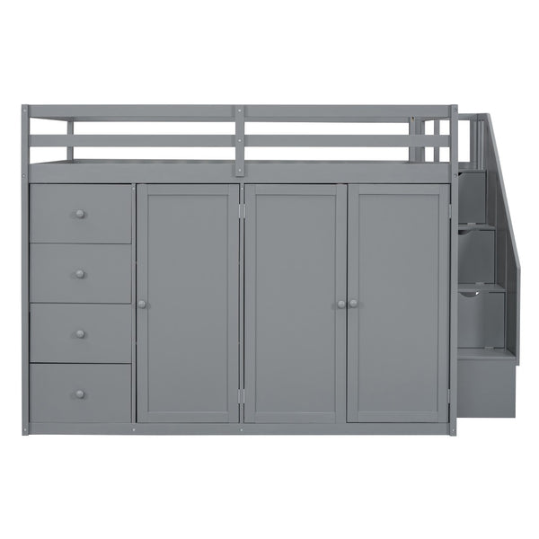HomeRoots Gray Four-Poster Loft Bed with Built-In Storage - Stylish Space-Saving Design for Full Mattresses 592896