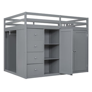 HomeRoots Gray Four-Poster Loft Bed with Built-In Storage - Stylish Space-Saving Design for Full Mattresses 592896