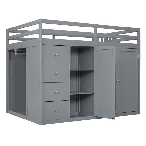 HomeRoots Gray Four-Poster Loft Bed with Built-In Storage - Stylish Space-Saving Design for Full Mattresses 592896