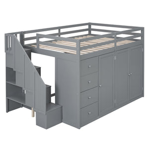 HomeRoots Gray Four-Poster Loft Bed with Built-In Storage - Stylish Space-Saving Design for Full Mattresses 592896