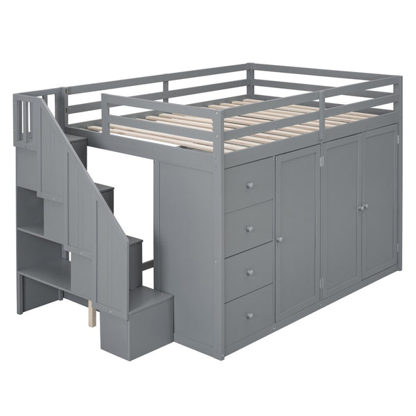 HomeRoots Gray Four-Poster Loft Bed with Built-In Storage - Stylish Space-Saving Design for Full Mattresses 592896