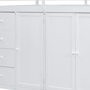 HomeRoots White Four Poster Loft Bed - Elegant Wood Design with Shelves for Space-Saving & Stylish Bedrooms 592897