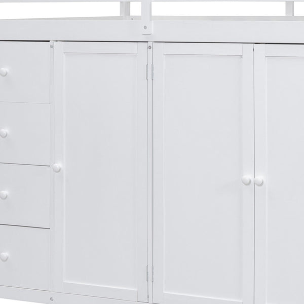 HomeRoots White Four Poster Loft Bed - Elegant Wood Design with Shelves for Space-Saving & Stylish Bedrooms 592897