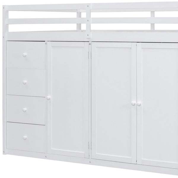 HomeRoots White Four Poster Loft Bed - Elegant Wood Design with Shelves for Space-Saving & Stylish Bedrooms 592897