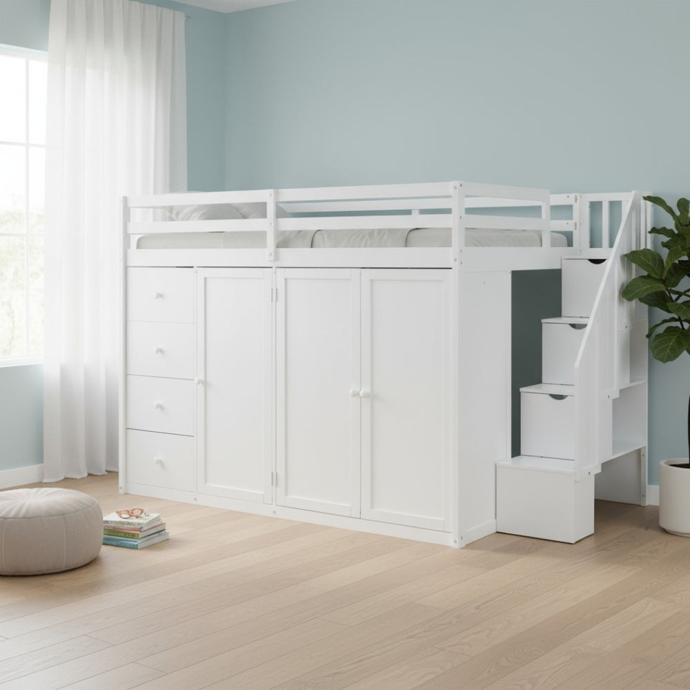 HomeRoots White Four Poster Loft Bed - Elegant Wood Design with Shelves for Space-Saving & Stylish Bedrooms 592897