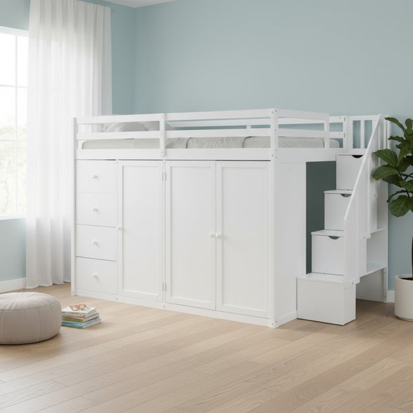 HomeRoots White Four Poster Loft Bed - Elegant Wood Design with Shelves for Space-Saving & Stylish Bedrooms 592897