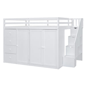 HomeRoots White Four Poster Loft Bed - Elegant Wood Design with Shelves for Space-Saving & Stylish Bedrooms 592897