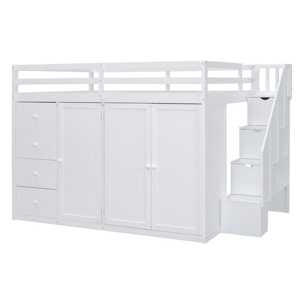 HomeRoots White Four Poster Loft Bed - Elegant Wood Design with Shelves for Space-Saving & Stylish Bedrooms 592897