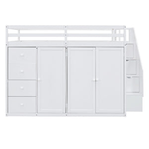 HomeRoots White Four Poster Loft Bed - Elegant Wood Design with Shelves for Space-Saving & Stylish Bedrooms 592897