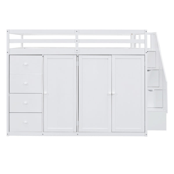 HomeRoots White Four Poster Loft Bed - Elegant Wood Design with Shelves for Space-Saving & Stylish Bedrooms 592897