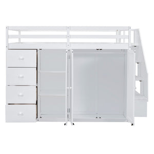 HomeRoots White Four Poster Loft Bed - Elegant Wood Design with Shelves for Space-Saving & Stylish Bedrooms 592897