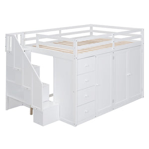 HomeRoots White Four Poster Loft Bed - Elegant Wood Design with Shelves for Space-Saving & Stylish Bedrooms 592897