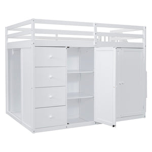 HomeRoots White Four Poster Loft Bed - Elegant Wood Design with Shelves for Space-Saving & Stylish Bedrooms 592897