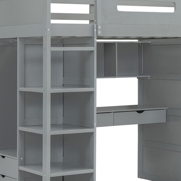 HomeRoots Gray Four Poster Twin Loft Bed with Integrated Desk, Storage Drawers & Space-Saving Design 592898