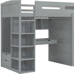 HomeRoots Gray Four Poster Twin Loft Bed with Integrated Desk, Storage Drawers & Space-Saving Design 592898