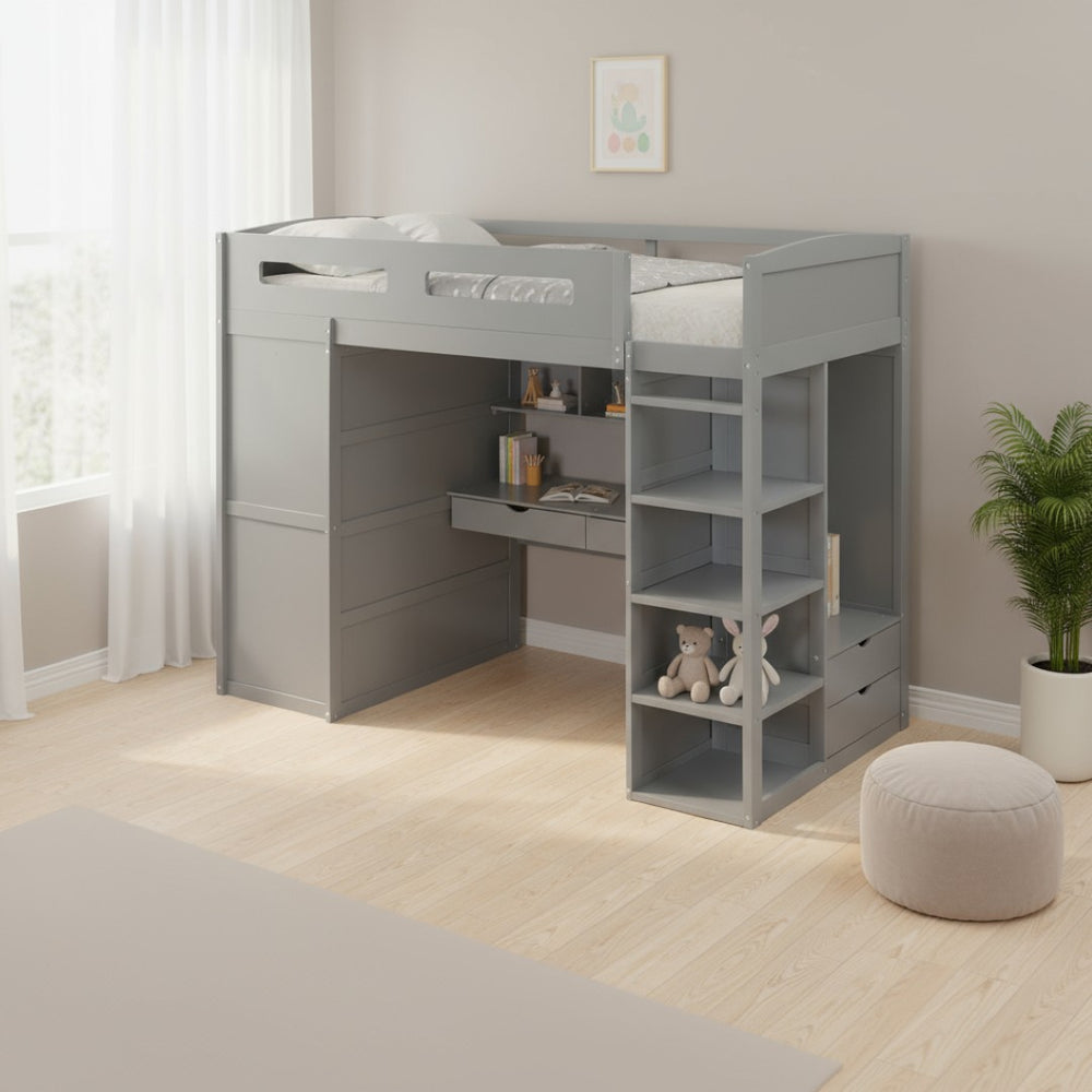 HomeRoots Gray Four Poster Twin Loft Bed with Integrated Desk, Storage Drawers & Space-Saving Design 592898