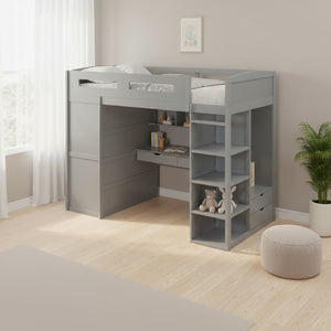 HomeRoots Gray Four Poster Twin Loft Bed with Integrated Desk, Storage Drawers & Space-Saving Design 592898