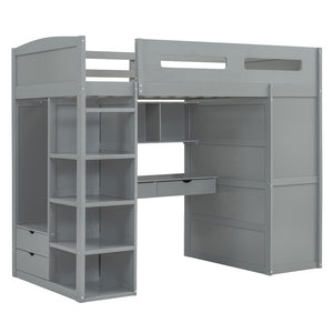 HomeRoots Gray Four Poster Twin Loft Bed with Integrated Desk, Storage Drawers & Space-Saving Design 592898
