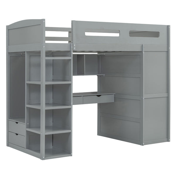 HomeRoots Gray Four Poster Twin Loft Bed with Integrated Desk, Storage Drawers & Space-Saving Design 592898