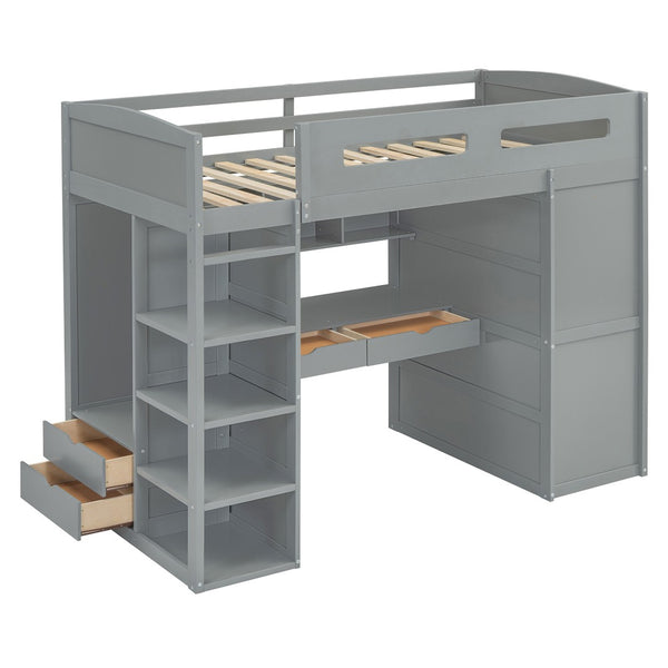 HomeRoots Gray Four Poster Twin Loft Bed with Integrated Desk, Storage Drawers & Space-Saving Design 592898