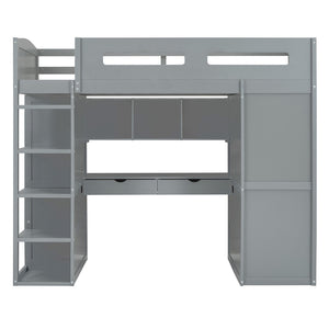 HomeRoots Gray Four Poster Twin Loft Bed with Integrated Desk, Storage Drawers & Space-Saving Design 592898