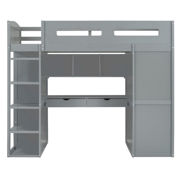 HomeRoots Gray Four Poster Twin Loft Bed with Integrated Desk, Storage Drawers & Space-Saving Design 592898