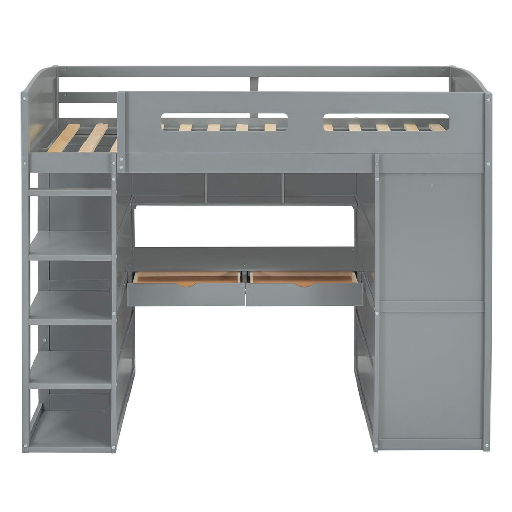HomeRoots Gray Four Poster Twin Loft Bed with Integrated Desk, Storage Drawers & Space-Saving Design 592898