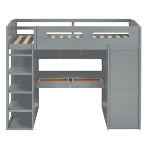 HomeRoots Gray Four Poster Twin Loft Bed with Integrated Desk, Storage Drawers & Space-Saving Design 592898