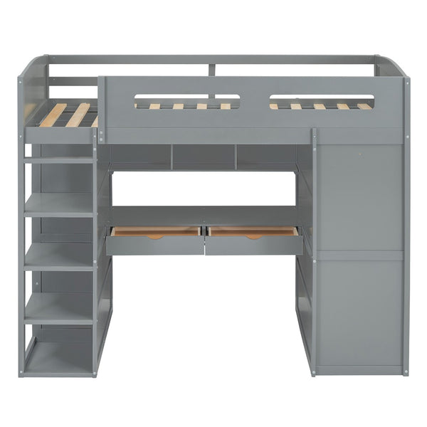 HomeRoots Gray Four Poster Twin Loft Bed with Integrated Desk, Storage Drawers & Space-Saving Design 592898
