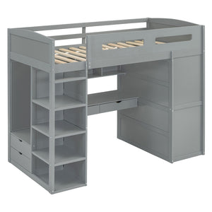 HomeRoots Gray Four Poster Twin Loft Bed with Integrated Desk, Storage Drawers & Space-Saving Design 592898