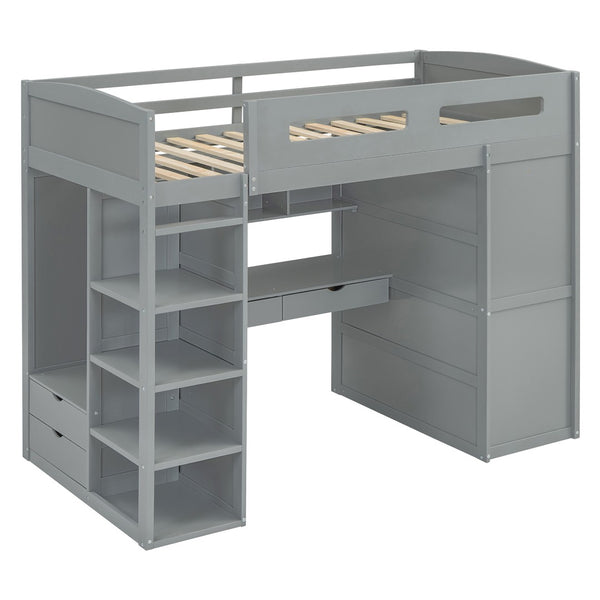HomeRoots Gray Four Poster Twin Loft Bed with Integrated Desk, Storage Drawers & Space-Saving Design 592898